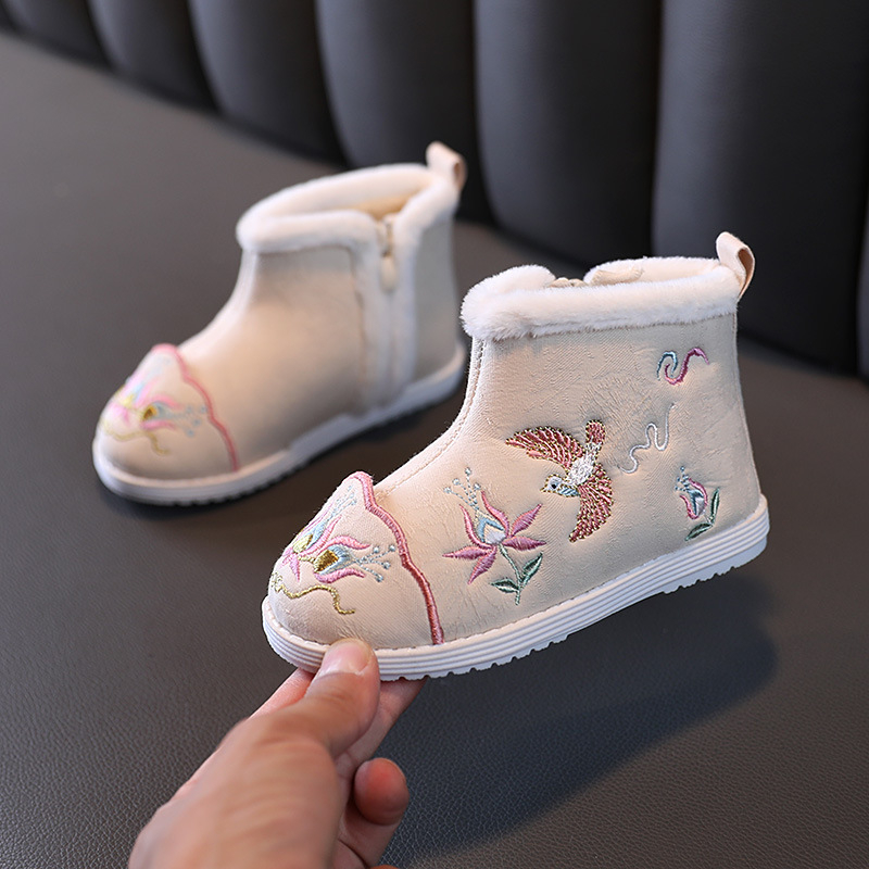 Pantofi tradiționali din pânză pentru fete, model brodat, parte superioară din bumbac, talpă din cauciuc, fermoar lateral