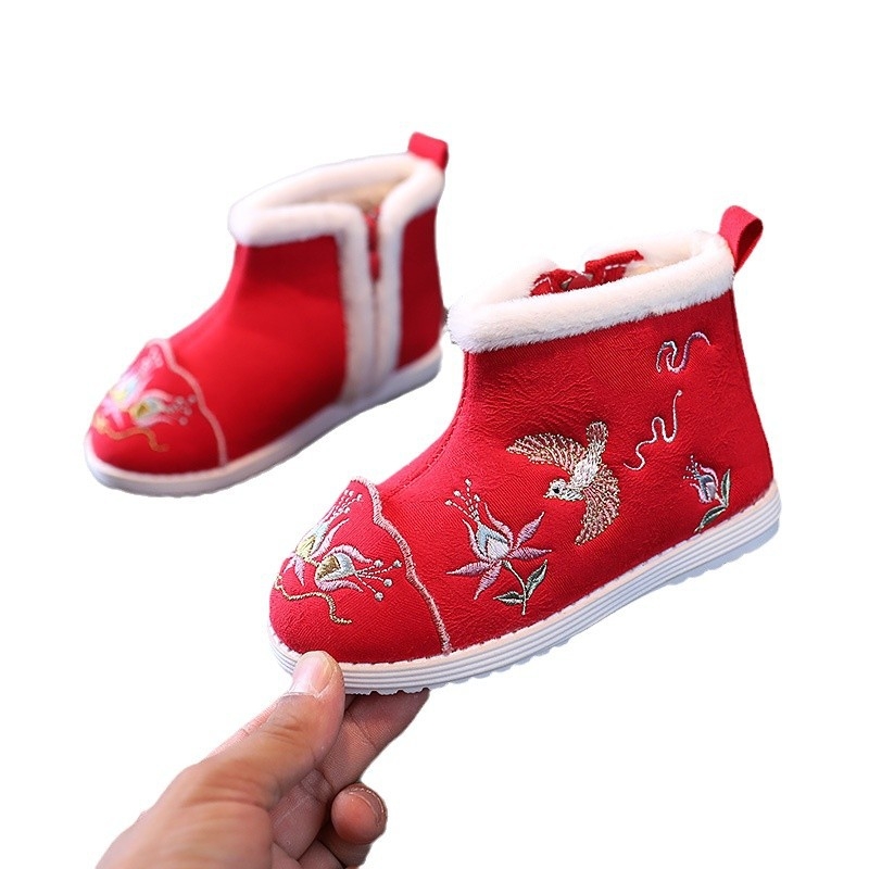 Pantofi tradiționali din pânză pentru fete, model brodat, parte superioară din bumbac, talpă din cauciuc, fermoar lateral