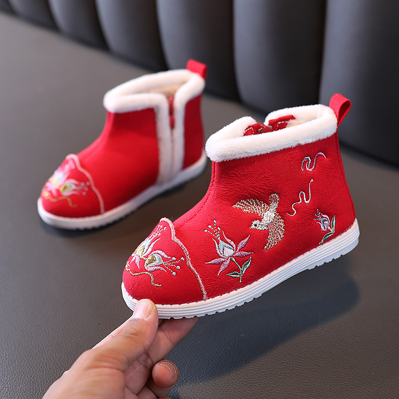 Pantofi tradiționali din pânză pentru fete, model brodat, parte superioară din bumbac, talpă din cauciuc, fermoar lateral