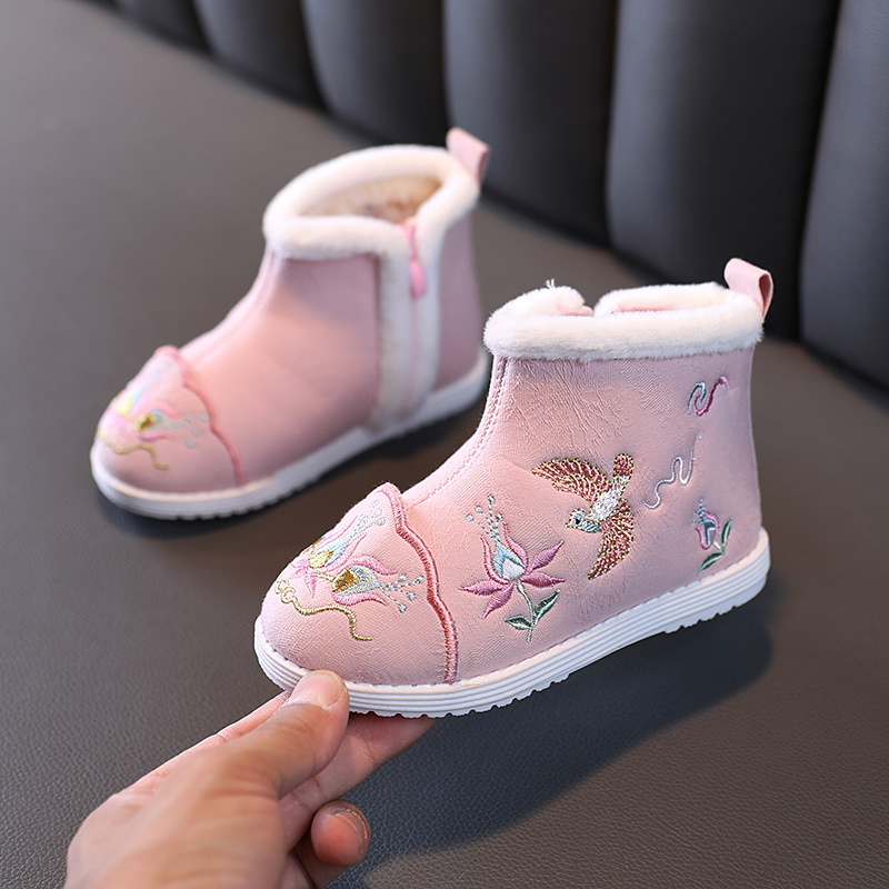 Pantofi tradiționali din pânză pentru fete, model brodat, parte superioară din bumbac, talpă din cauciuc, fermoar lateral