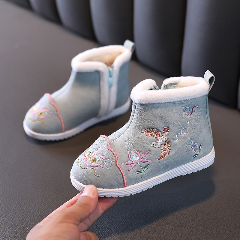 Pantofi tradiționali din pânză pentru fete, model brodat, parte superioară din bumbac, talpă din cauciuc, fermoar lateral