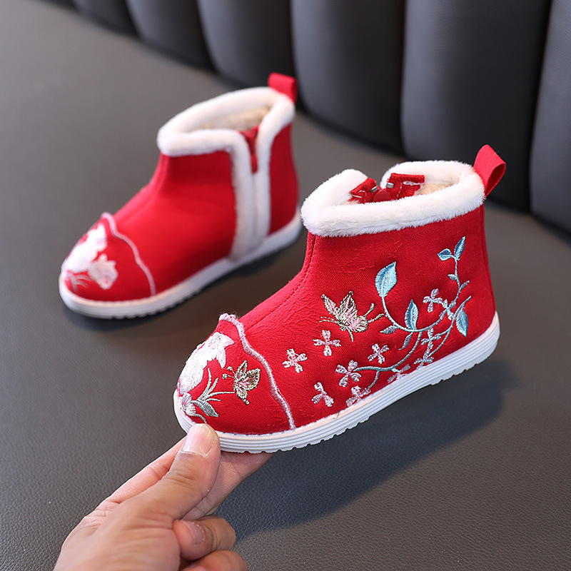 Pantofi tradiționali din pânză pentru fete, model brodat, parte superioară din bumbac, talpă din cauciuc, fermoar lateral