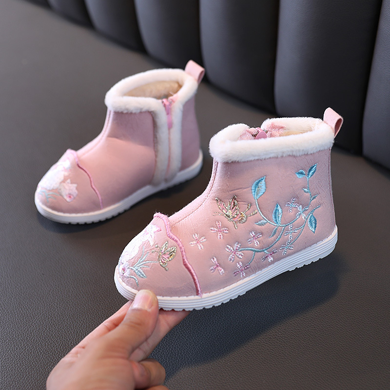 Pantofi tradiționali din pânză pentru fete, model brodat, parte superioară din bumbac, talpă din cauciuc, fermoar lateral