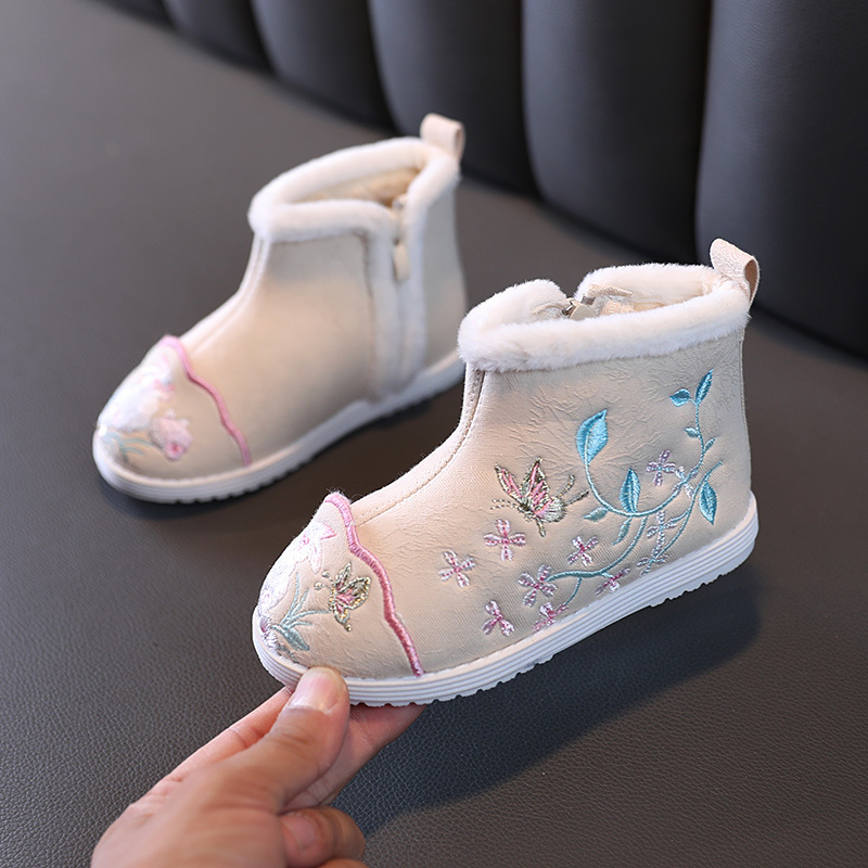 Pantofi tradiționali din pânză pentru fete, model brodat, parte superioară din bumbac, talpă din cauciuc, fermoar lateral