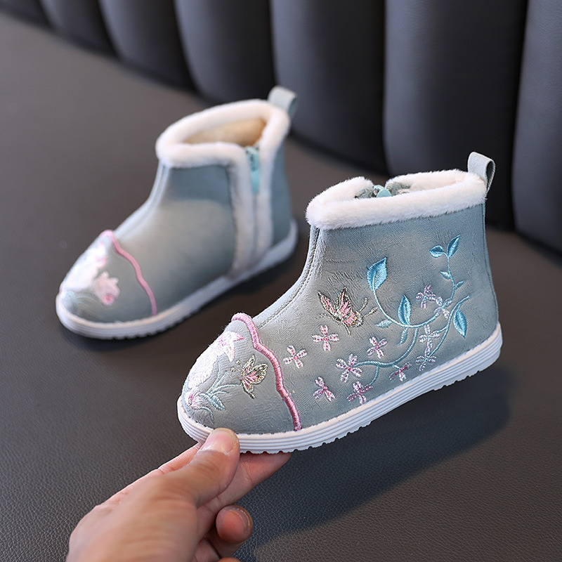 Pantofi tradiționali din pânză pentru fete, model brodat, parte superioară din bumbac, talpă din cauciuc, fermoar lateral