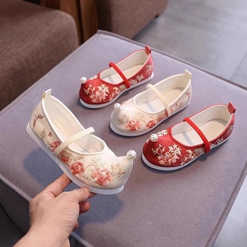 Lányoknak tervezett etno-stílusú hímzett textil cipő, gyerekeknek 4–12 évesek; felsőrész pamut, belső talp textil