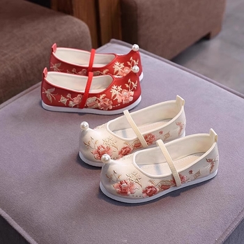 Lányoknak tervezett etno-stílusú hímzett textil cipő, gyerekeknek 4–12 évesek; felsőrész pamut, belső talp textil