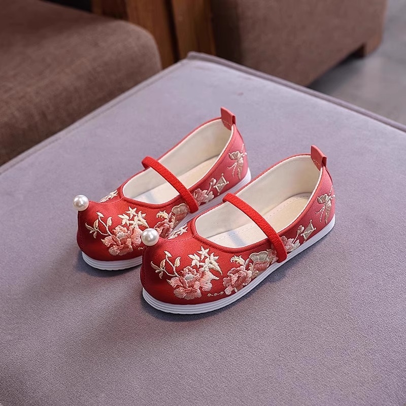 Lányoknak tervezett etno-stílusú hímzett textil cipő, gyerekeknek 4–12 évesek; felsőrész pamut, belső talp textil