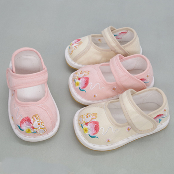 Gyerekeknek készült kézzel készített pamut vászon cipő hímzéssel, ezerrétegű talppal, izzadságot felszívó és deodoráló, Velcro-zárás, 2 éveseknek, kínai stílusú Han dinasztia cipő