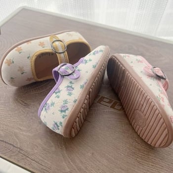 Dječje tenisice za djevojčice 1–3 godine, za unutarnju upotrebu, kanvas s corduroy gornjim dijelom i floralnim uzorkom, Velcro kopčanje, niski kroj, četvrtasti vrh, mekan potplat protiv klizanja