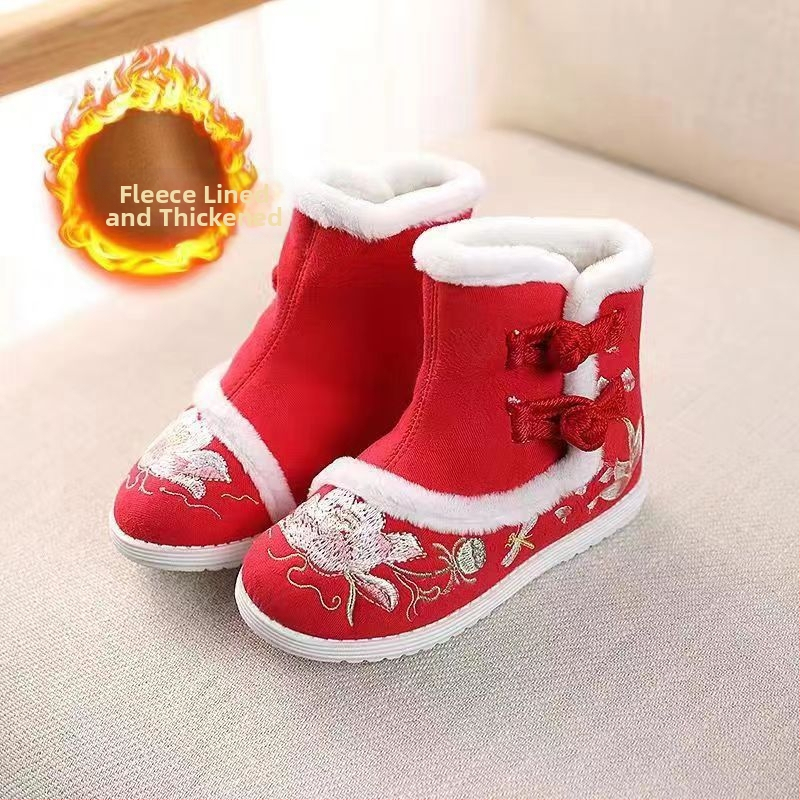 Žieminiai bateliai mergaitėms etniniu stiliumi, viršus iš medvilnės, vidinė kailio apdaila iš dirbtinio kailio, įdėklas iš dirbtinio kailio, gumos padas.