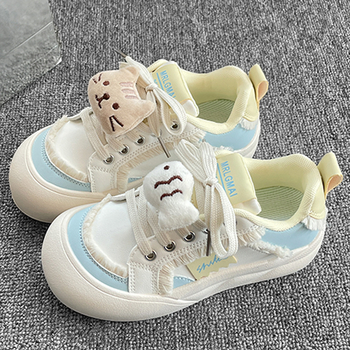 Pantofi din pânză pentru fete, design de desen animat, șireturi, talpă din cauciuc, stil coreean, pentru vârsta 4–16 ani