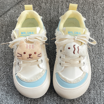 Pantofi din pânză pentru fete, design de desen animat, șireturi, talpă din cauciuc, stil coreean, pentru vârsta 4–16 ani