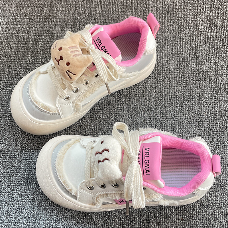 Pantofi din pânză pentru fete, design de desen animat, șireturi, talpă din cauciuc, stil coreean, pentru vârsta 4–16 ani