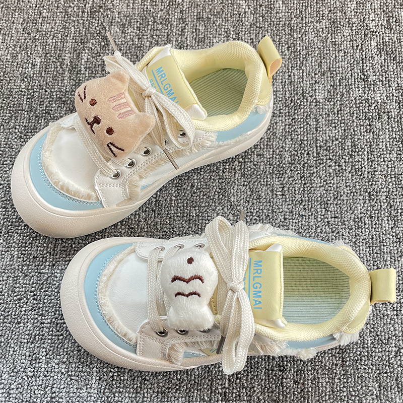 Pantofi din pânză pentru fete, design de desen animat, șireturi, talpă din cauciuc, stil coreean, pentru vârsta 4–16 ani