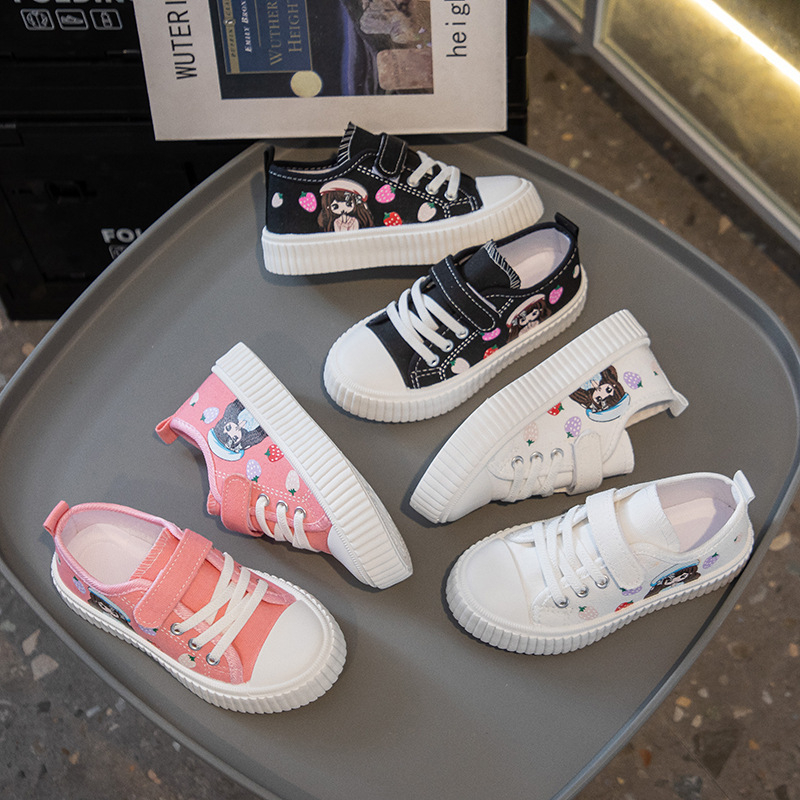 Pantofi din pânză pentru fete - închidere Velcro, talpă joasă, respirabili, imprimeu desen animat