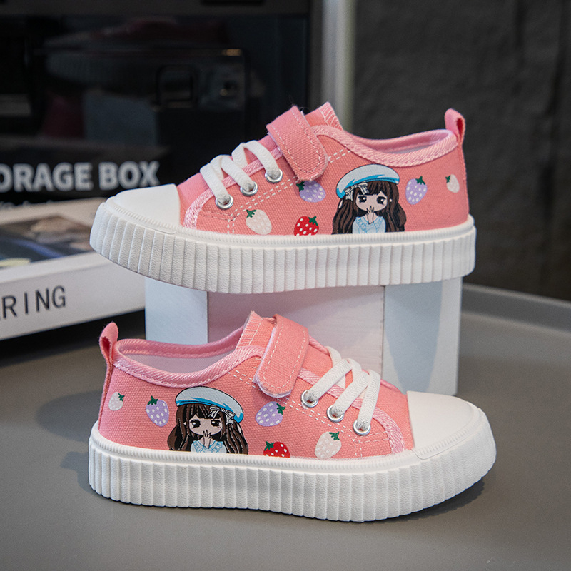 Pantofi din pânză pentru fete - închidere Velcro, talpă joasă, respirabili, imprimeu desen animat