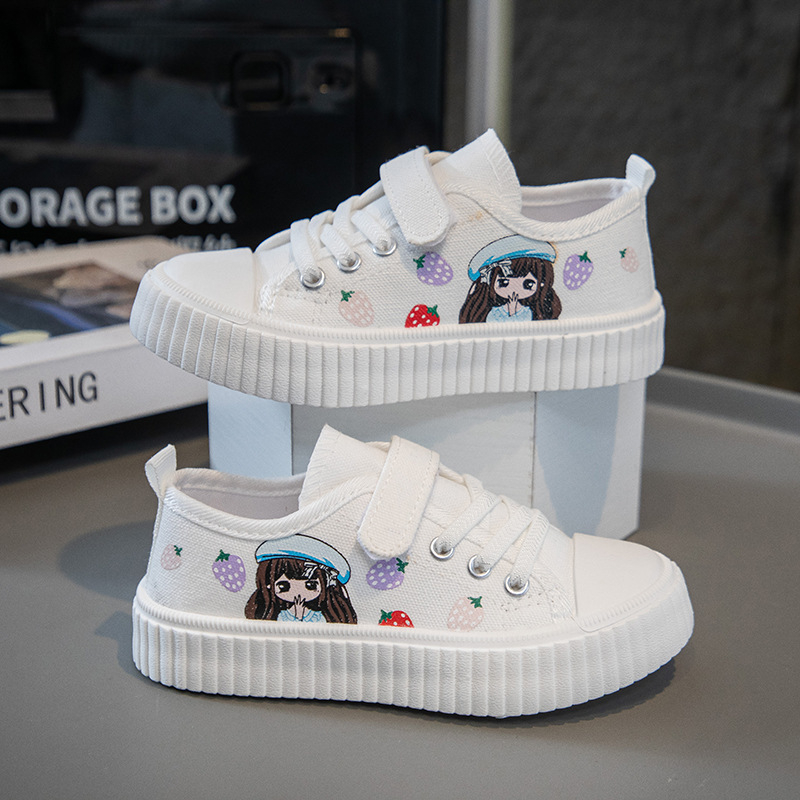 Pantofi din pânză pentru fete - închidere Velcro, talpă joasă, respirabili, imprimeu desen animat