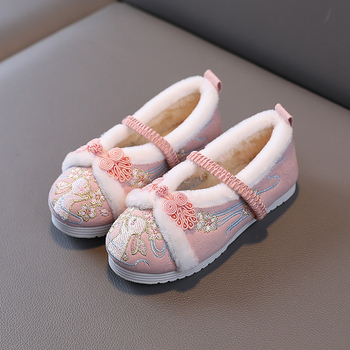 Pantofi de iarnă pentru fete, cu căptușeală din fleece și broderie, partea superioară din bumbac, model cartoon, talpă din cauciuc, stil etnic