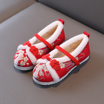 Pantofi de iarnă pentru fete, cu căptușeală din fleece și broderie, partea superioară din bumbac, model cartoon, talpă din cauciuc, stil etnic