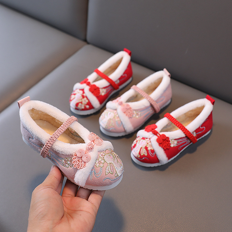 Pantofi de iarnă pentru fete, cu căptușeală din fleece și broderie, partea superioară din bumbac, model cartoon, talpă din cauciuc, stil etnic