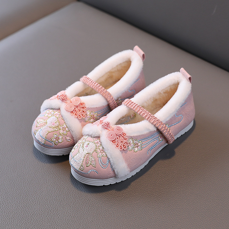 Pantofi de iarnă pentru fete, cu căptușeală din fleece și broderie, partea superioară din bumbac, model cartoon, talpă din cauciuc, stil etnic