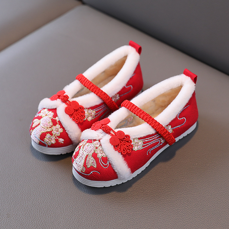 Pantofi de iarnă pentru fete, cu căptușeală din fleece și broderie, partea superioară din bumbac, model cartoon, talpă din cauciuc, stil etnic