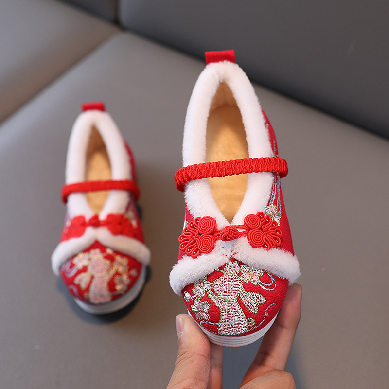 Pantofi de iarnă pentru fete, cu căptușeală din fleece și broderie, partea superioară din bumbac, model cartoon, talpă din cauciuc, stil etnic