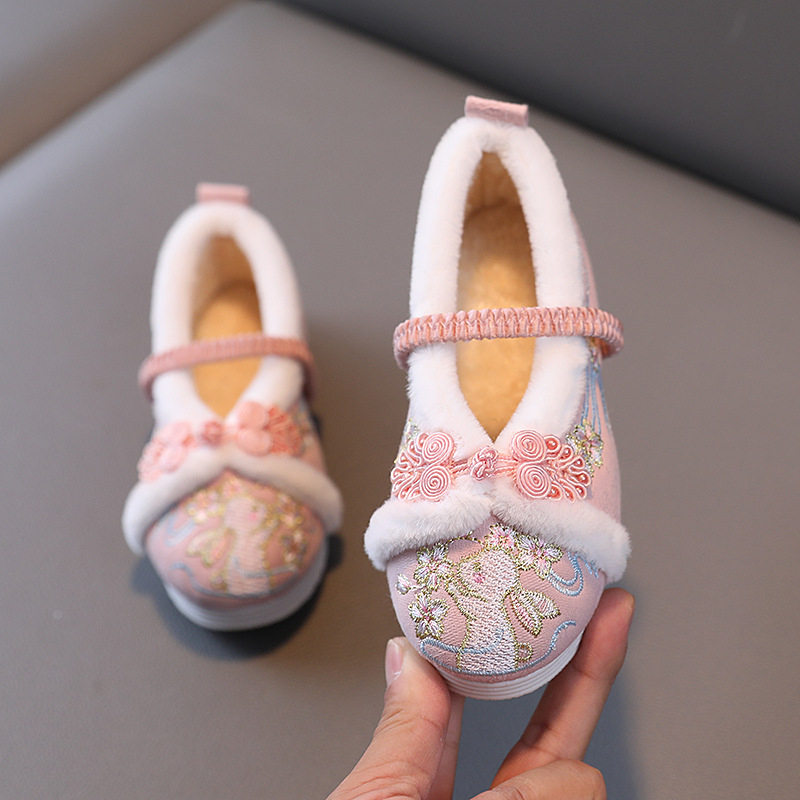 Pantofi de iarnă pentru fete, cu căptușeală din fleece și broderie, partea superioară din bumbac, model cartoon, talpă din cauciuc, stil etnic