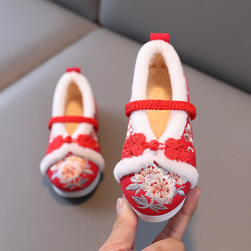 Pantofi de iarnă pentru fete, cu căptușeală din fleece și broderie, partea superioară din bumbac, model cartoon, talpă din cauciuc, stil etnic