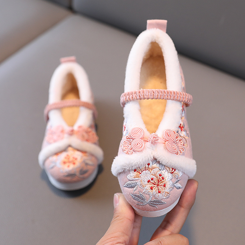 Pantofi de iarnă pentru fete, cu căptușeală din fleece și broderie, partea superioară din bumbac, model cartoon, talpă din cauciuc, stil etnic