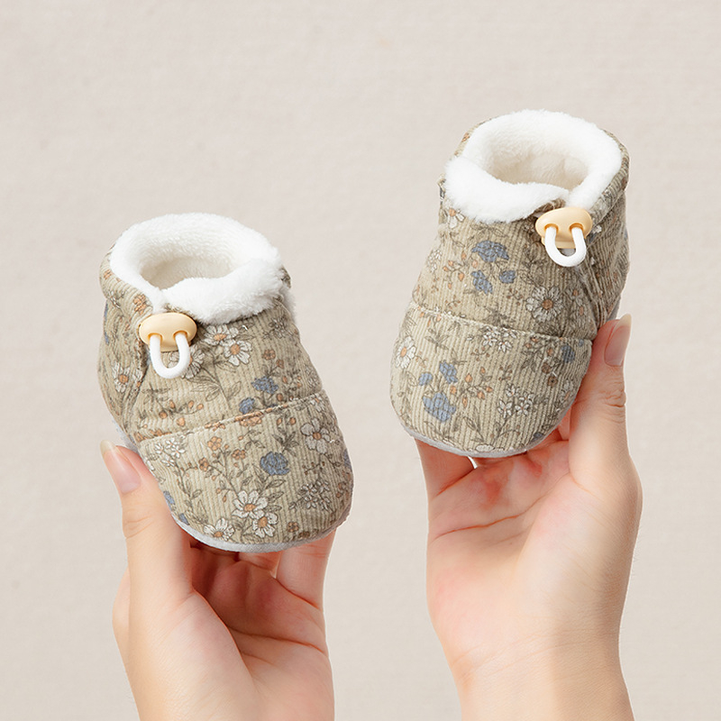 Pantofi-soc pentru bebeluși, 6–12 luni, partea superioară din bumbac, talpă groasă, anti-derapare, respirabili, închidere cu cataramă, pentru iarnă.