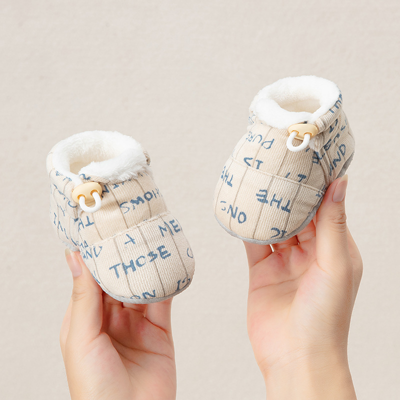 Pantofi-soc pentru bebeluși, 6–12 luni, partea superioară din bumbac, talpă groasă, anti-derapare, respirabili, închidere cu cataramă, pentru iarnă.