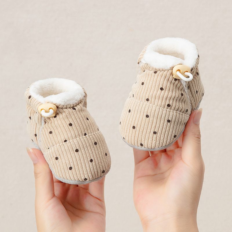 Pantofi-soc pentru bebeluși, 6–12 luni, partea superioară din bumbac, talpă groasă, anti-derapare, respirabili, închidere cu cataramă, pentru iarnă.