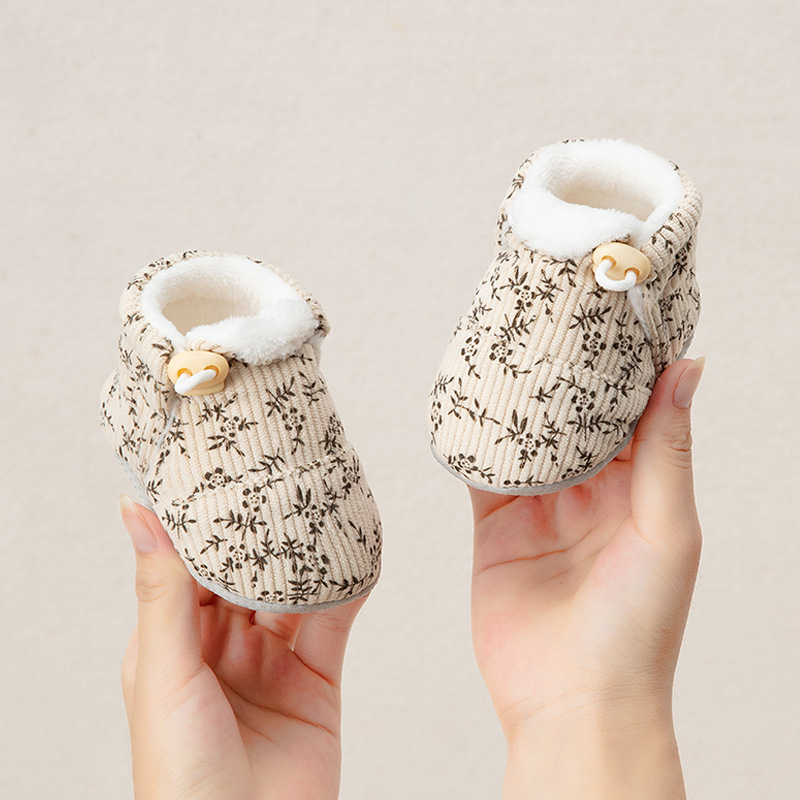 Pantofi-soc pentru bebeluși, 6–12 luni, partea superioară din bumbac, talpă groasă, anti-derapare, respirabili, închidere cu cataramă, pentru iarnă.