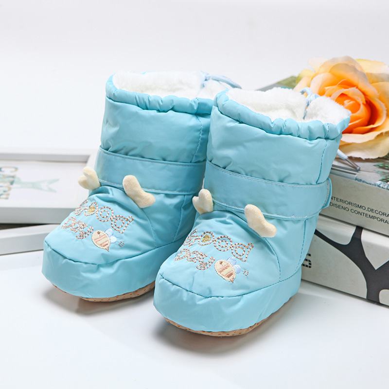 Pantofi pentru bebeluți cu talpă moale din bumbac, partea superioară din bumbac, căptușeală pufoasă, călduroși, impermeabili și anti-derapare, închidere cu Velcro, model cu desene animate, pentru interior, 0–15 luni