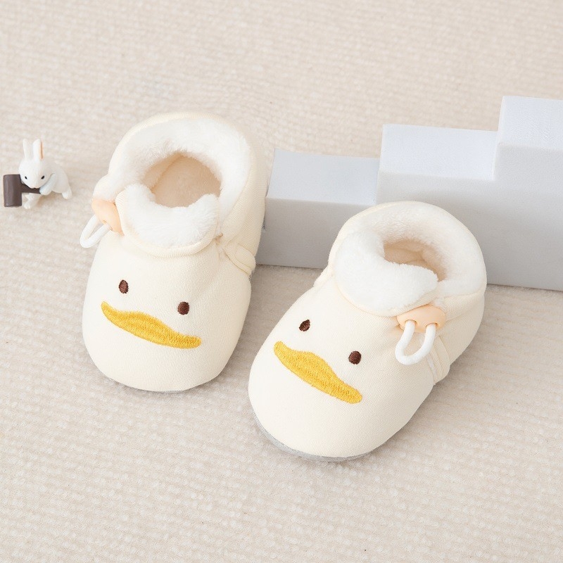 Pantofi de bebe cu talpă moale pentru 6–12 luni, partea superioară din bumbac, căptușeală din flanel, talpă anti-derapantă din pânză, pentru interior, design desen animat toamnă-iarna