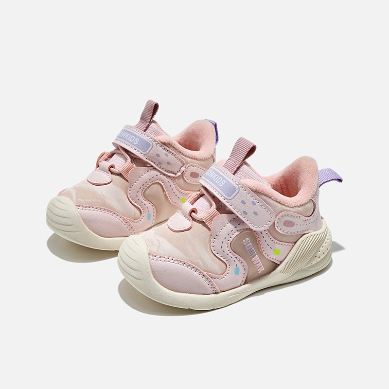 Pantofi de mers pentru copii mici, cu căptușeală fleece, partea superioară din piele microfibră, închidere Velcro, talpă aderentă, design low-top