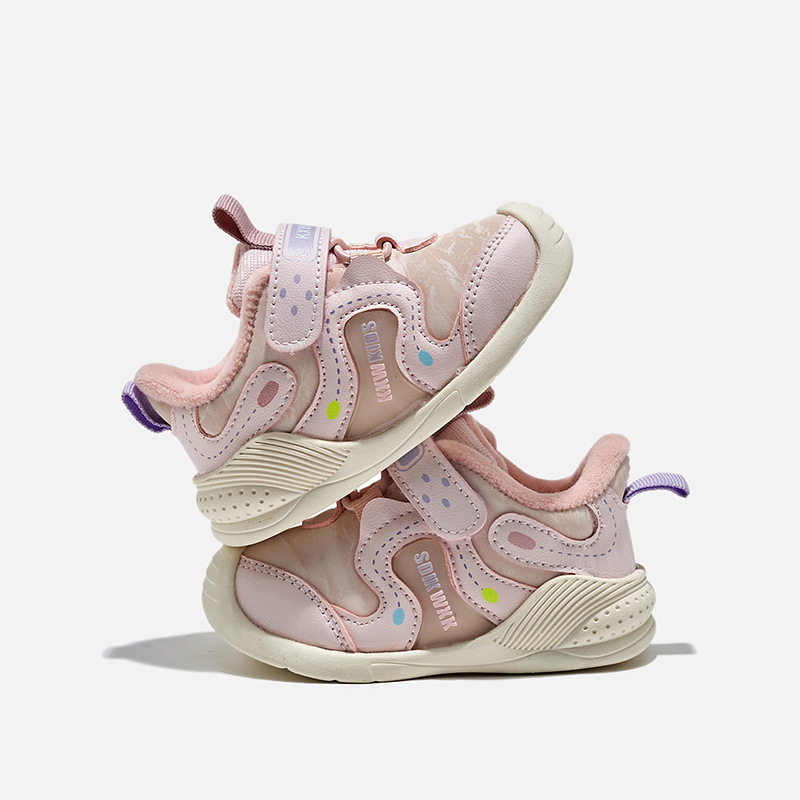 Pantofi de mers pentru copii mici, cu căptușeală fleece, partea superioară din piele microfibră, închidere Velcro, talpă aderentă, design low-top