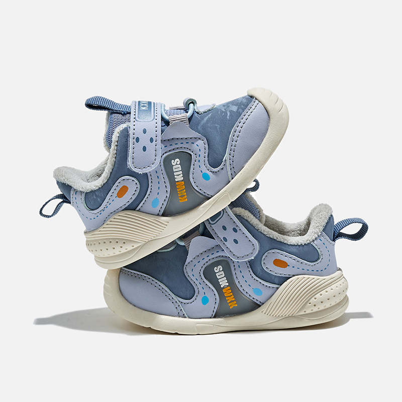 Pantofi de mers pentru copii mici, cu căptușeală fleece, partea superioară din piele microfibră, închidere Velcro, talpă aderentă, design low-top