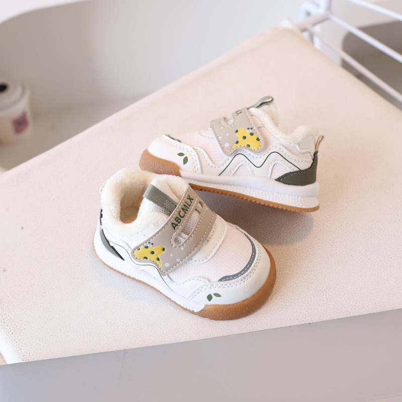 Pantofi pentru copii mici – Iarnă, căptușeală din fleece, partea superioară din piele microfibră, închidere cu Velcro, Unisex, model desen animat, 12–36 luni