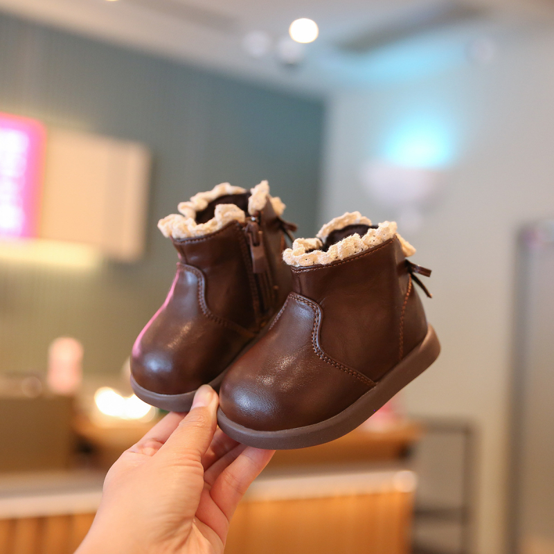 Cizme din piele pentru copii, partea superioară din microfibră, căptușeală velur, fermoar lateral, 12-36 luni