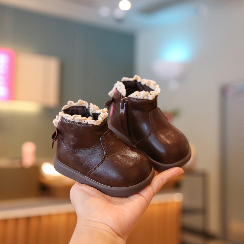 Cizme din piele pentru copii, partea superioară din microfibră, căptușeală velur, fermoar lateral, 12-36 luni