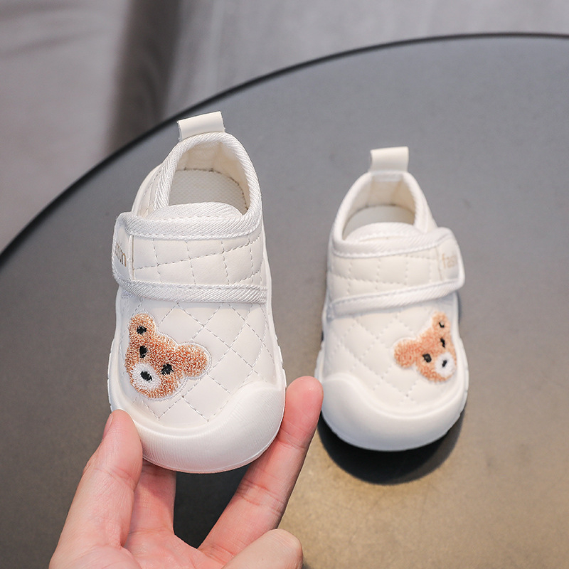 Bear Cartoon cipele za bebe, mekana koža, unisex, 12–36 mjeseci, cipele za učenje hodanja s Velcro zatvaračem, niski vrh, vodootporne, protuklizne