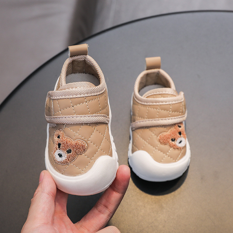 Bear Cartoon cipele za bebe, mekana koža, unisex, 12–36 mjeseci, cipele za učenje hodanja s Velcro zatvaračem, niski vrh, vodootporne, protuklizne