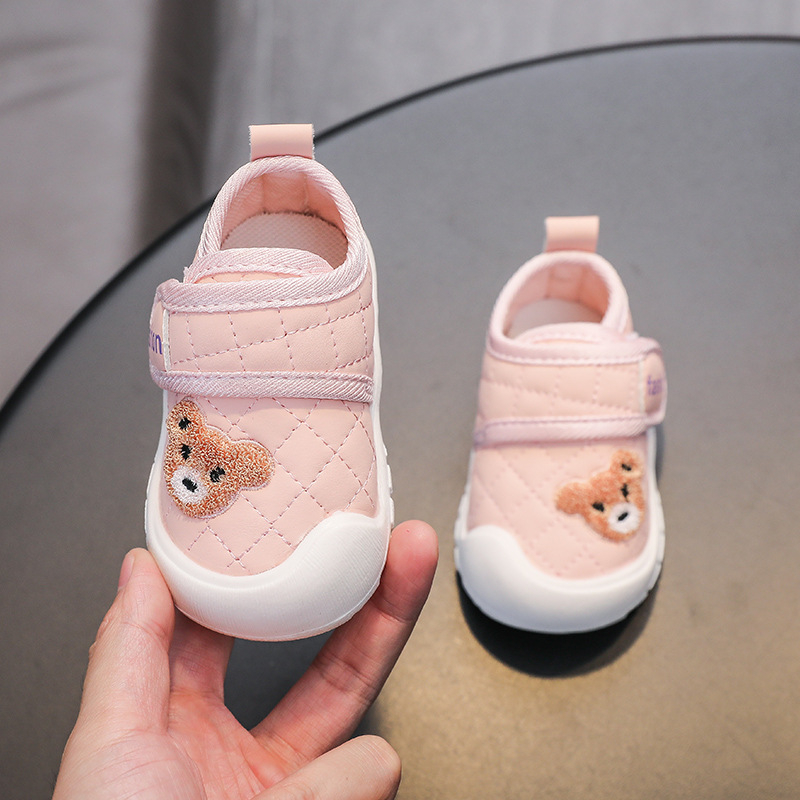 Bear Cartoon cipele za bebe, mekana koža, unisex, 12–36 mjeseci, cipele za učenje hodanja s Velcro zatvaračem, niski vrh, vodootporne, protuklizne