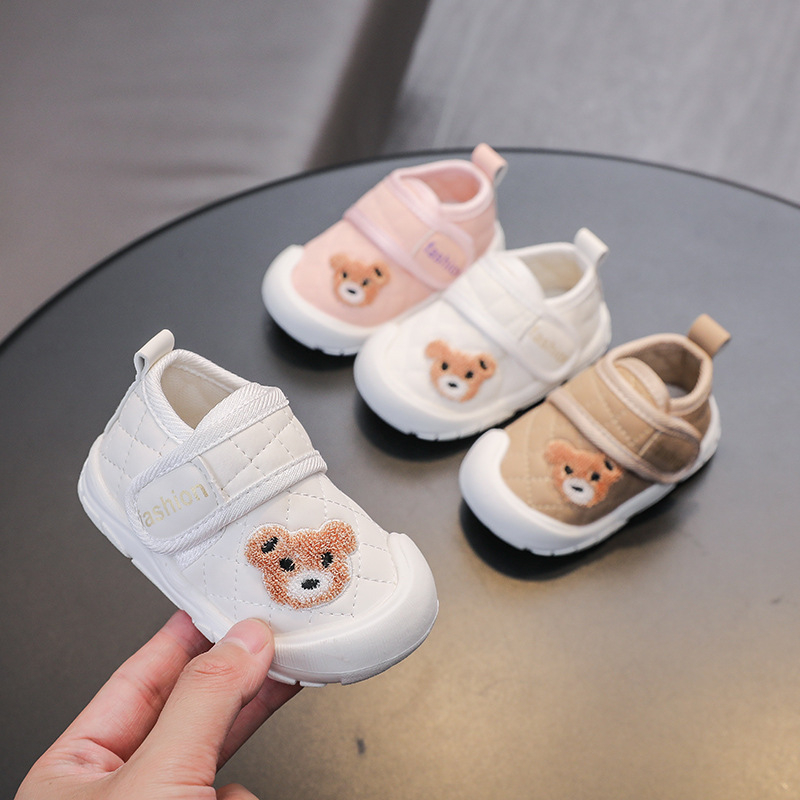 Bear Cartoon cipele za bebe, mekana koža, unisex, 12–36 mjeseci, cipele za učenje hodanja s Velcro zatvaračem, niski vrh, vodootporne, protuklizne