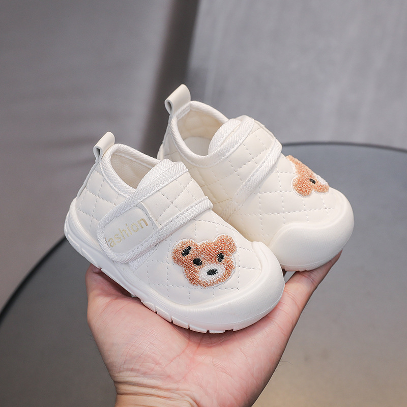 Bear Cartoon cipele za bebe, mekana koža, unisex, 12–36 mjeseci, cipele za učenje hodanja s Velcro zatvaračem, niski vrh, vodootporne, protuklizne