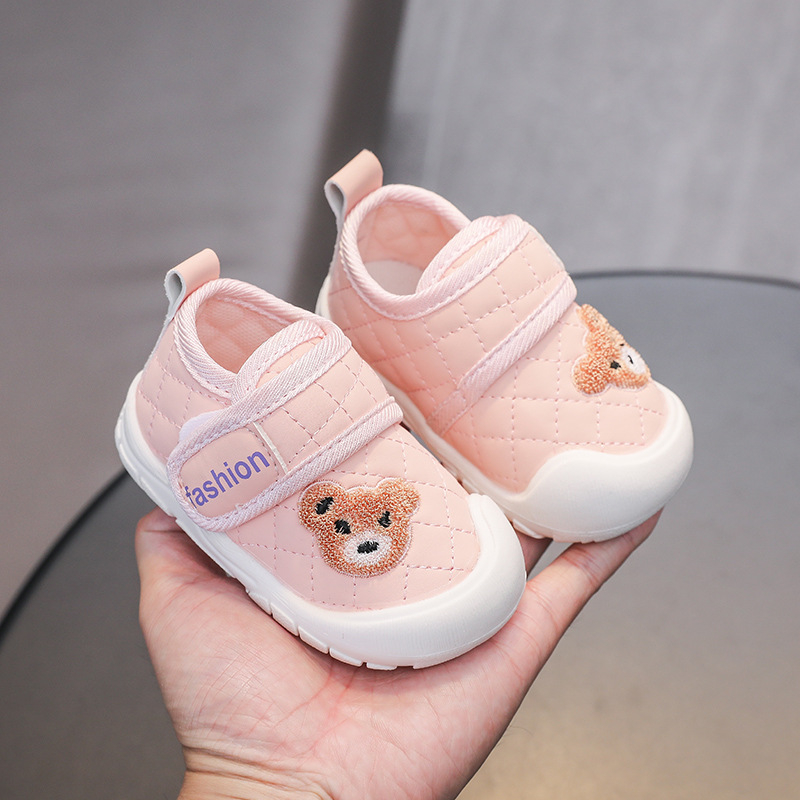 Bear Cartoon cipele za bebe, mekana koža, unisex, 12–36 mjeseci, cipele za učenje hodanja s Velcro zatvaračem, niski vrh, vodootporne, protuklizne