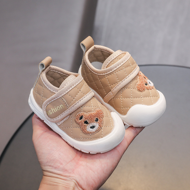 Bear Cartoon cipele za bebe, mekana koža, unisex, 12–36 mjeseci, cipele za učenje hodanja s Velcro zatvaračem, niski vrh, vodootporne, protuklizne
